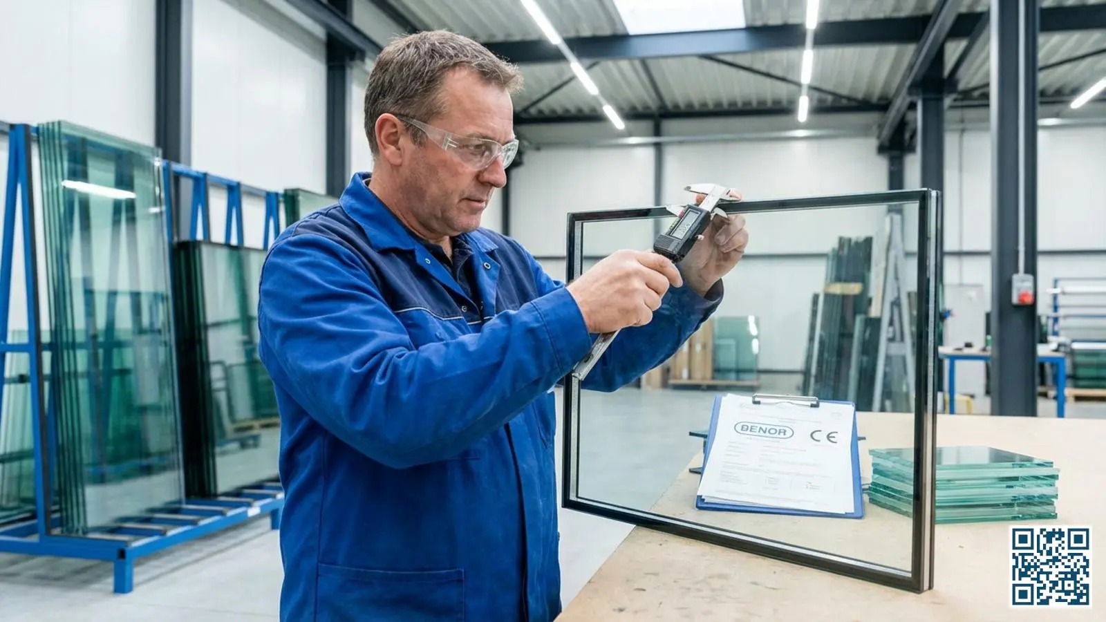 Kwaliteitscontrole van HR-glas in een Belgische werkplaats met zichtbare BENOR- en CE-certificeringsdocumenten op de achtergrond