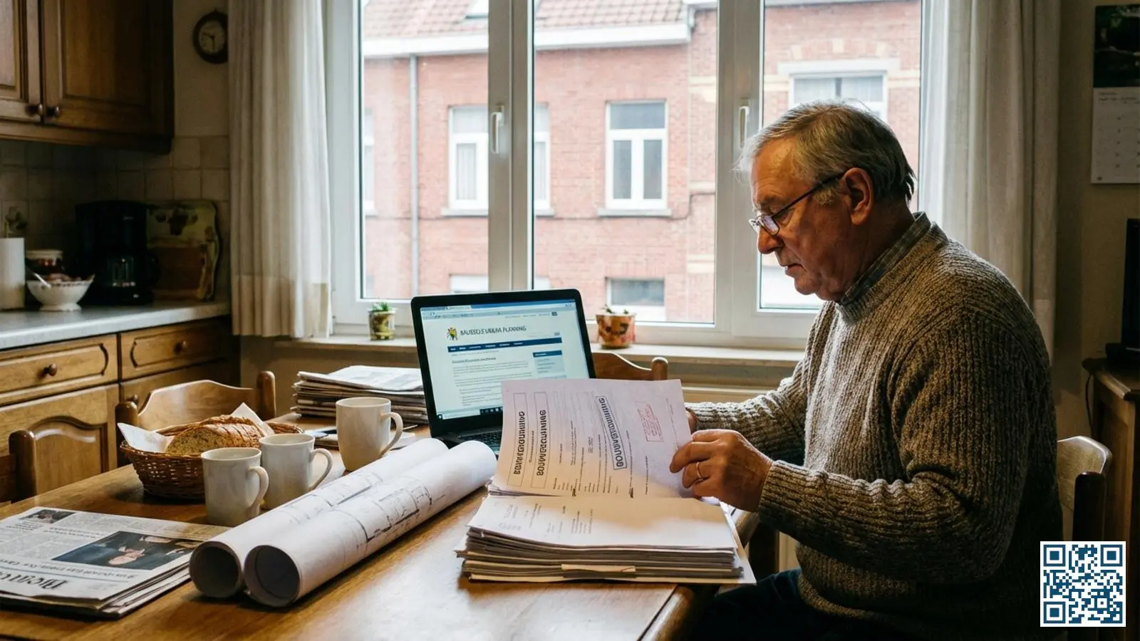 Woningeigenaar bekijkt bouwplannen en vergunningsdocumenten aan de keukentafel met laptop en Belgische rijwoning zichtbaar door het raam