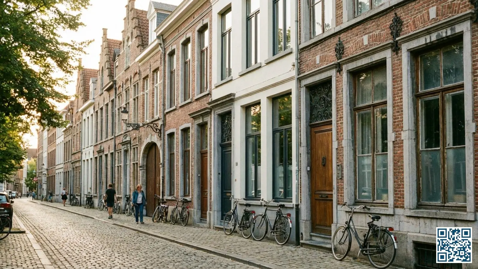 Historische rijwoningen in de Mechelse binnenstad met hoge smalle ramen, typisch voor de 19e-eeuwse architectuur in deze erfgoedstad