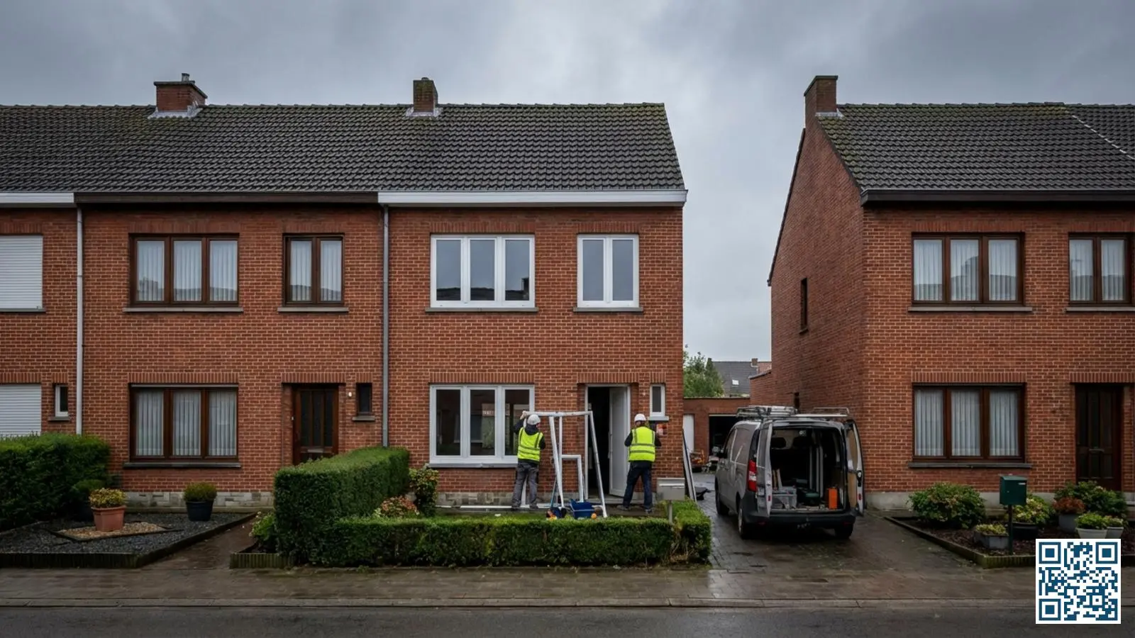 Typische mijnwerkerswoningen in Genk waar vakmensen nieuw HR-glas plaatsen in een rijwoning uit de jaren vijftig