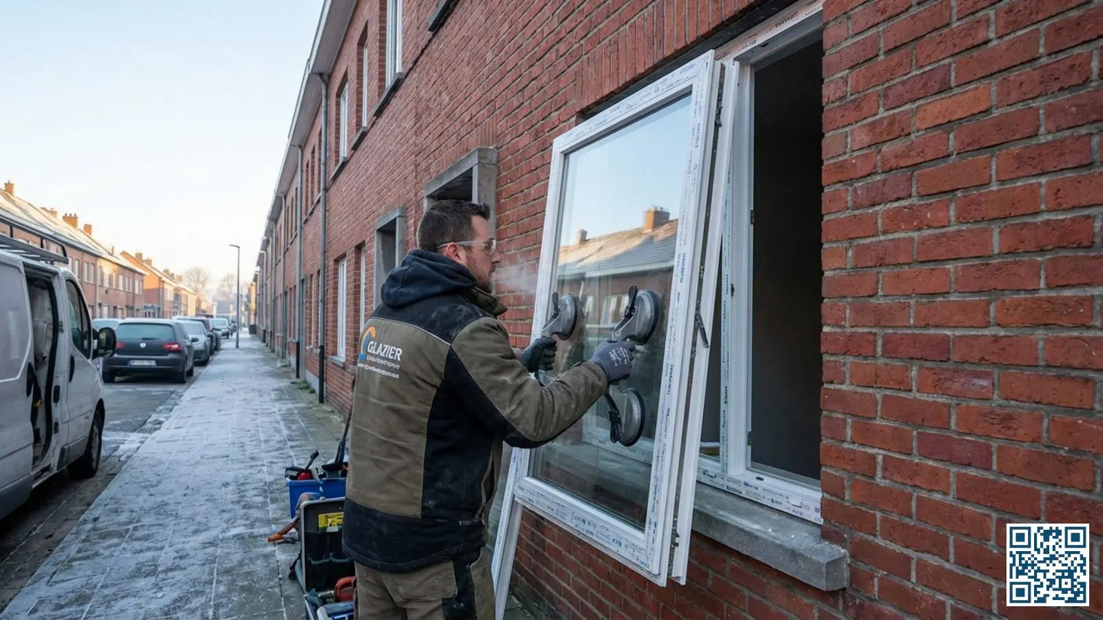 Vakman plaatst nieuw HR-glas in typische Limburgse mijnwerkerswoning met rode bakstenen gevel op een winterochtend