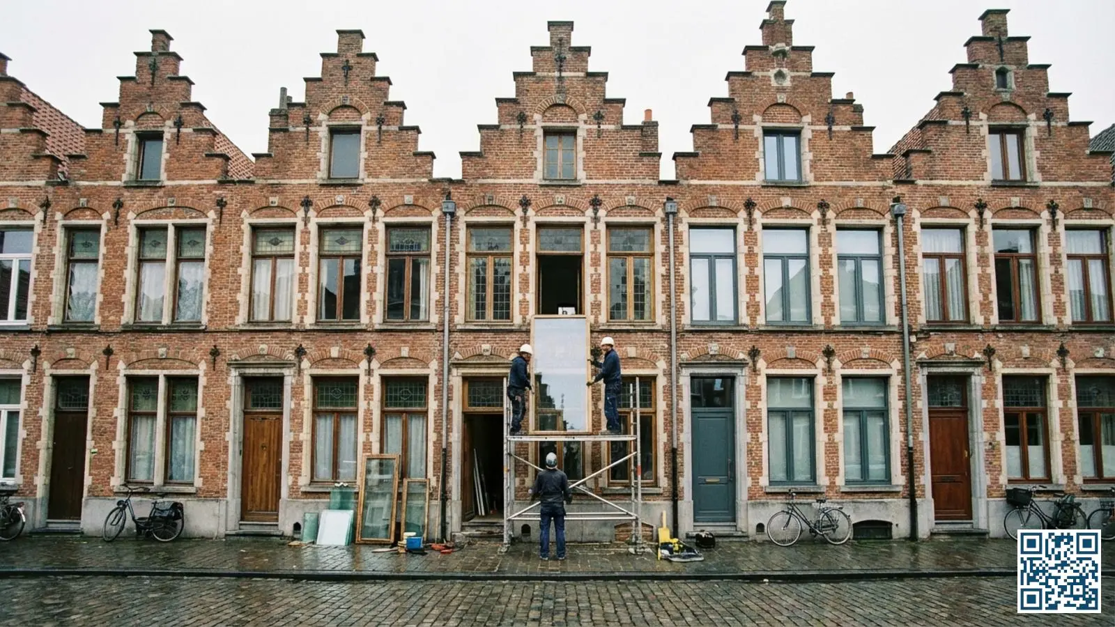 Historische Gentse rijwoningen met mix van oorspronkelijke ramen en nieuw geplaatst HR-glas in beschermd stadsgezicht