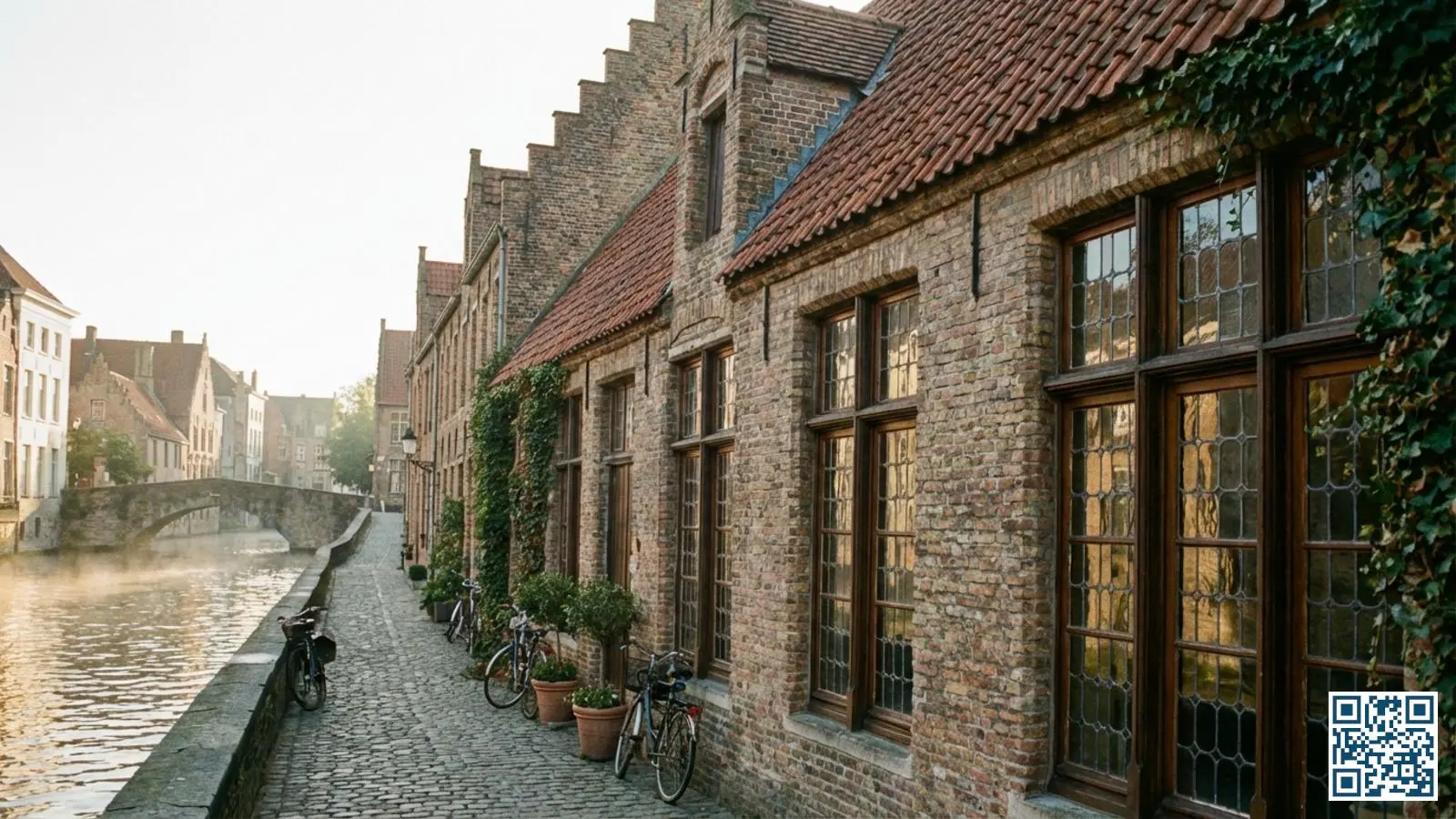 Historische gevel aan een Brugse gracht met traditionele houten raamkaders en karakteristieke roedenverdeling in UNESCO-werelderfgoed