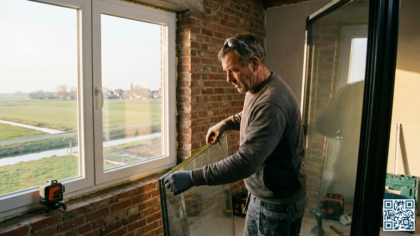 Vakman meet HR-glas paneel voor plaatsing in typische West-Vlaamse bakstenen woning met zicht op het platte polderlandschap