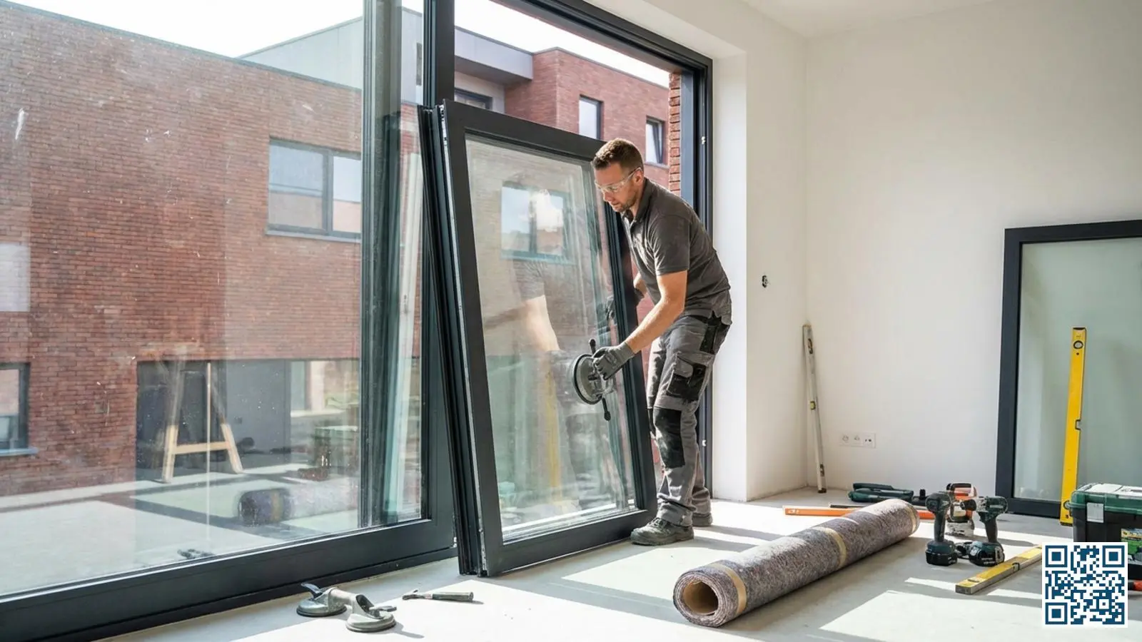 Vakman plaatst triple glas met zichtbare drie glasplaten in een raamkozijn van een Belgische woning