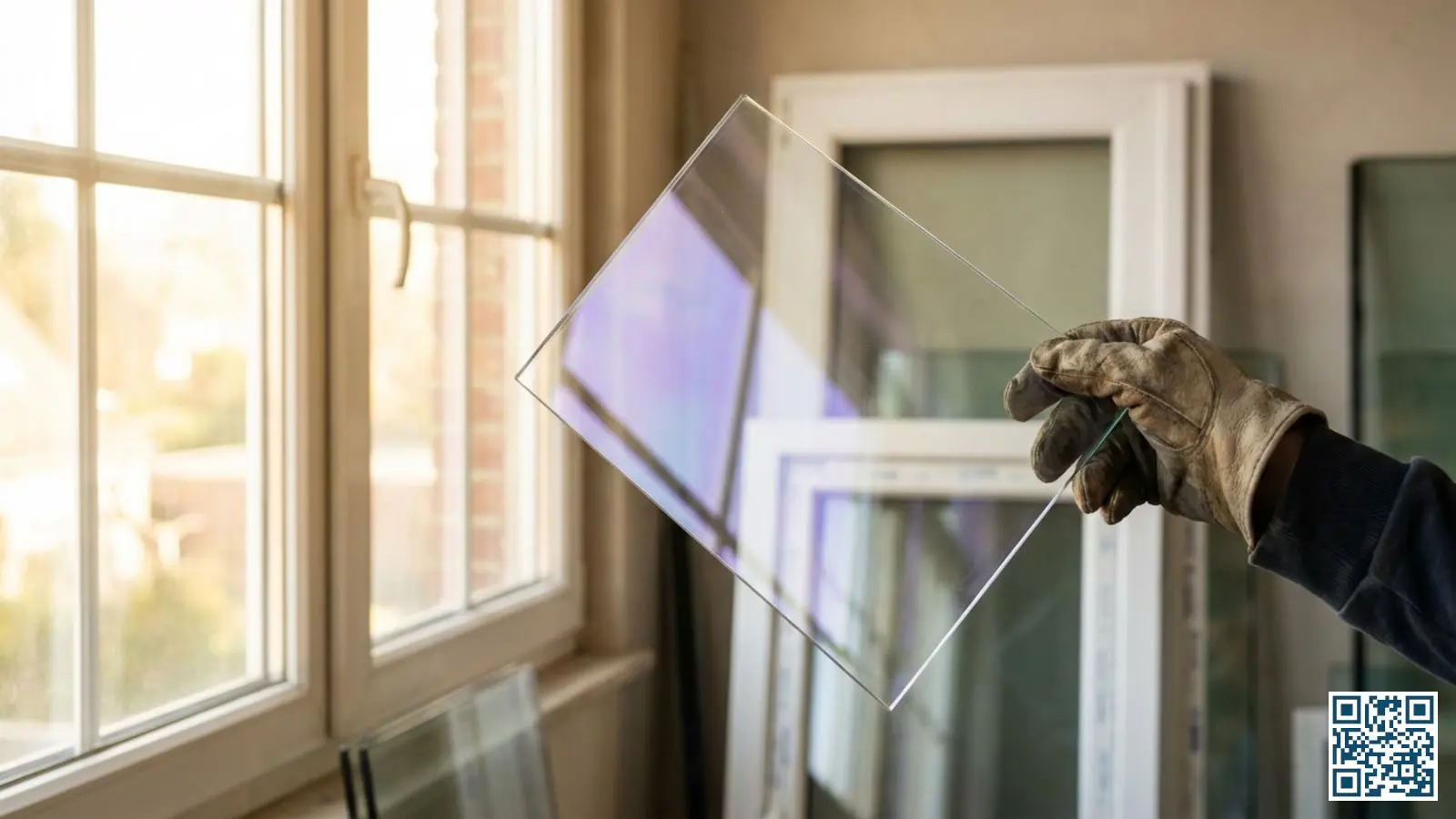 Vakman houdt HR-glas met low-E coating tegen het daglicht om de lichtdoorlatendheid en reflectie te controleren