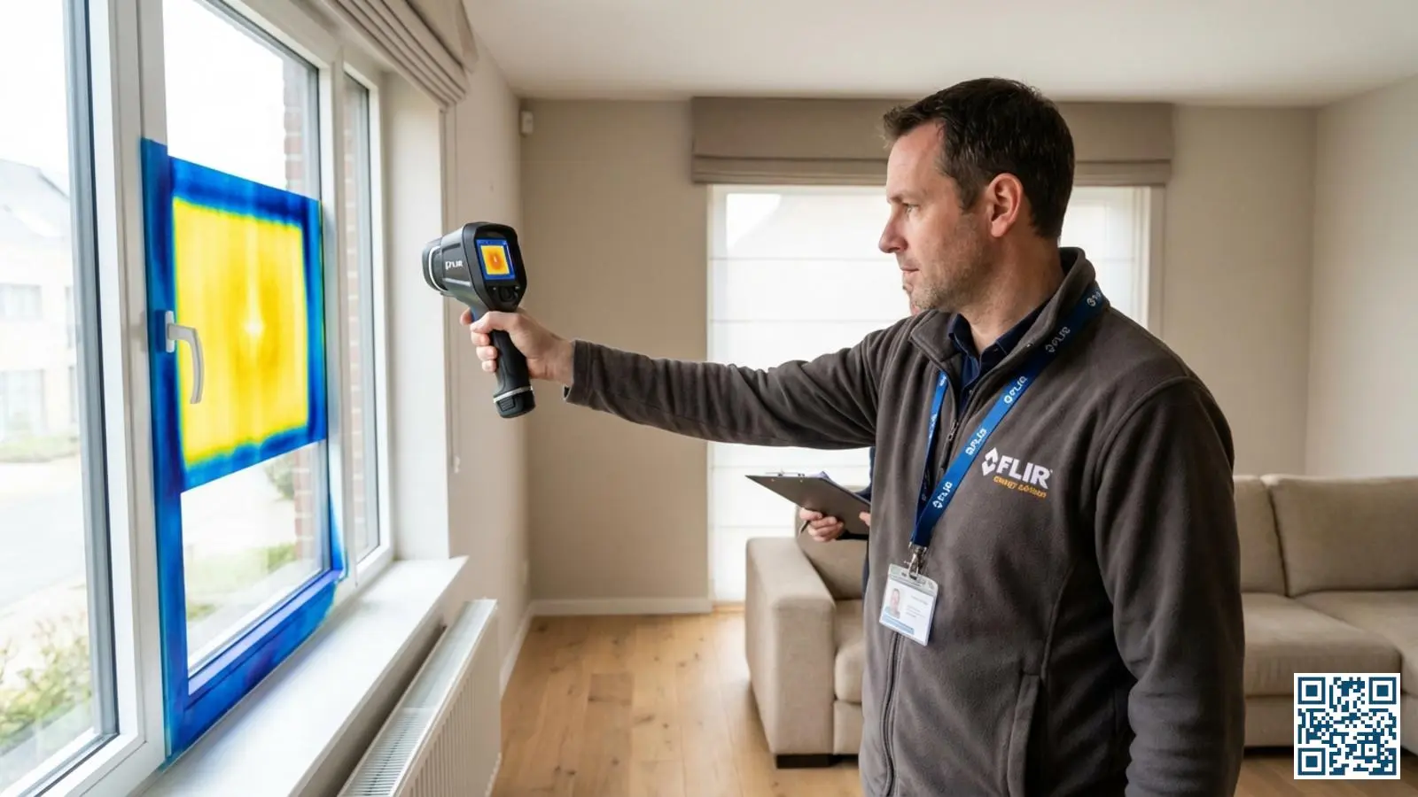 Energieadviseur meet U-waarde van HR-glas met warmtecamera in Belgische woonkamer