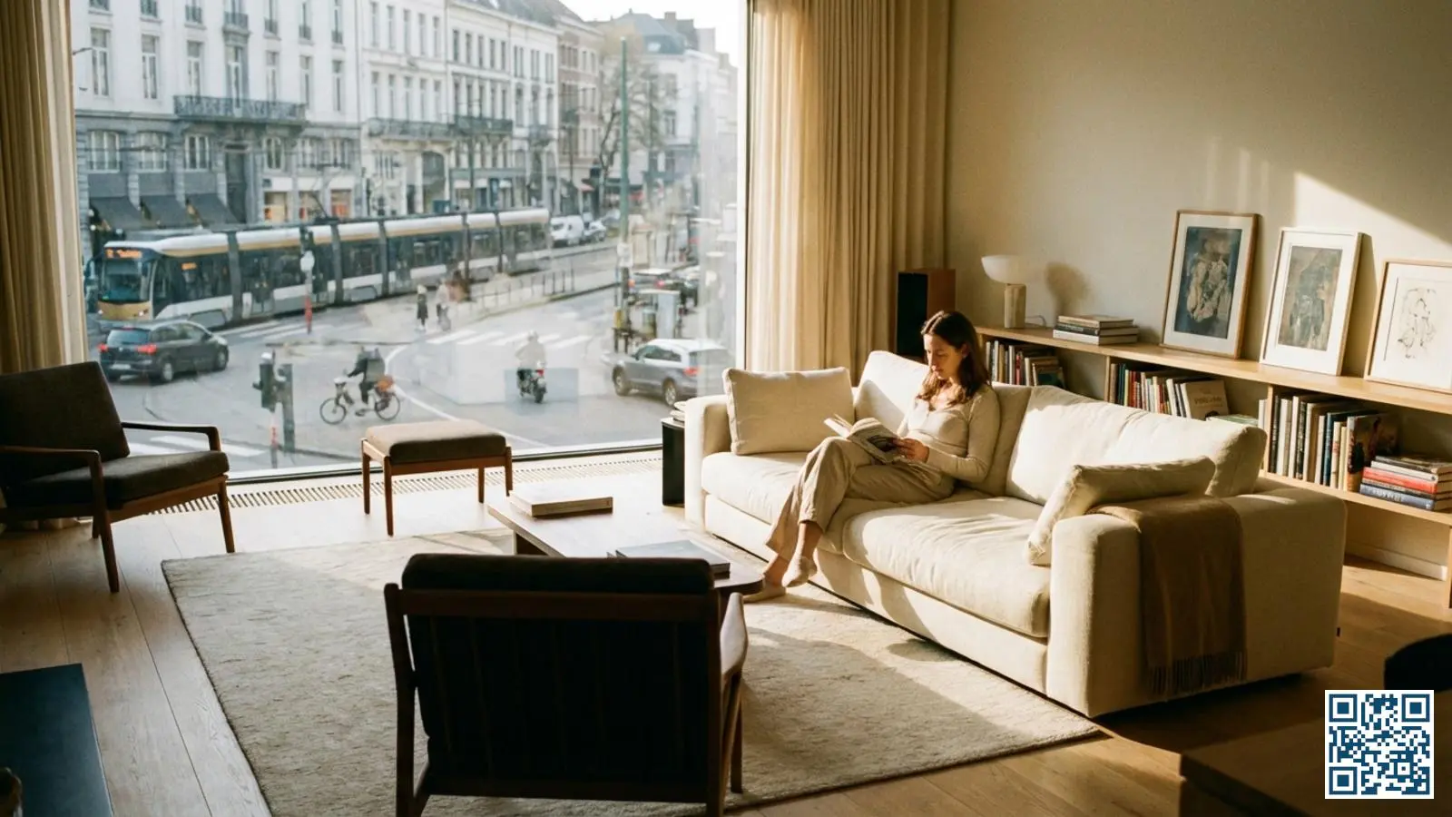 Moderne woonkamer met akoestisch HR-glas raam dat verkeerslawaai van drukke straat buiten effectief blokkeert