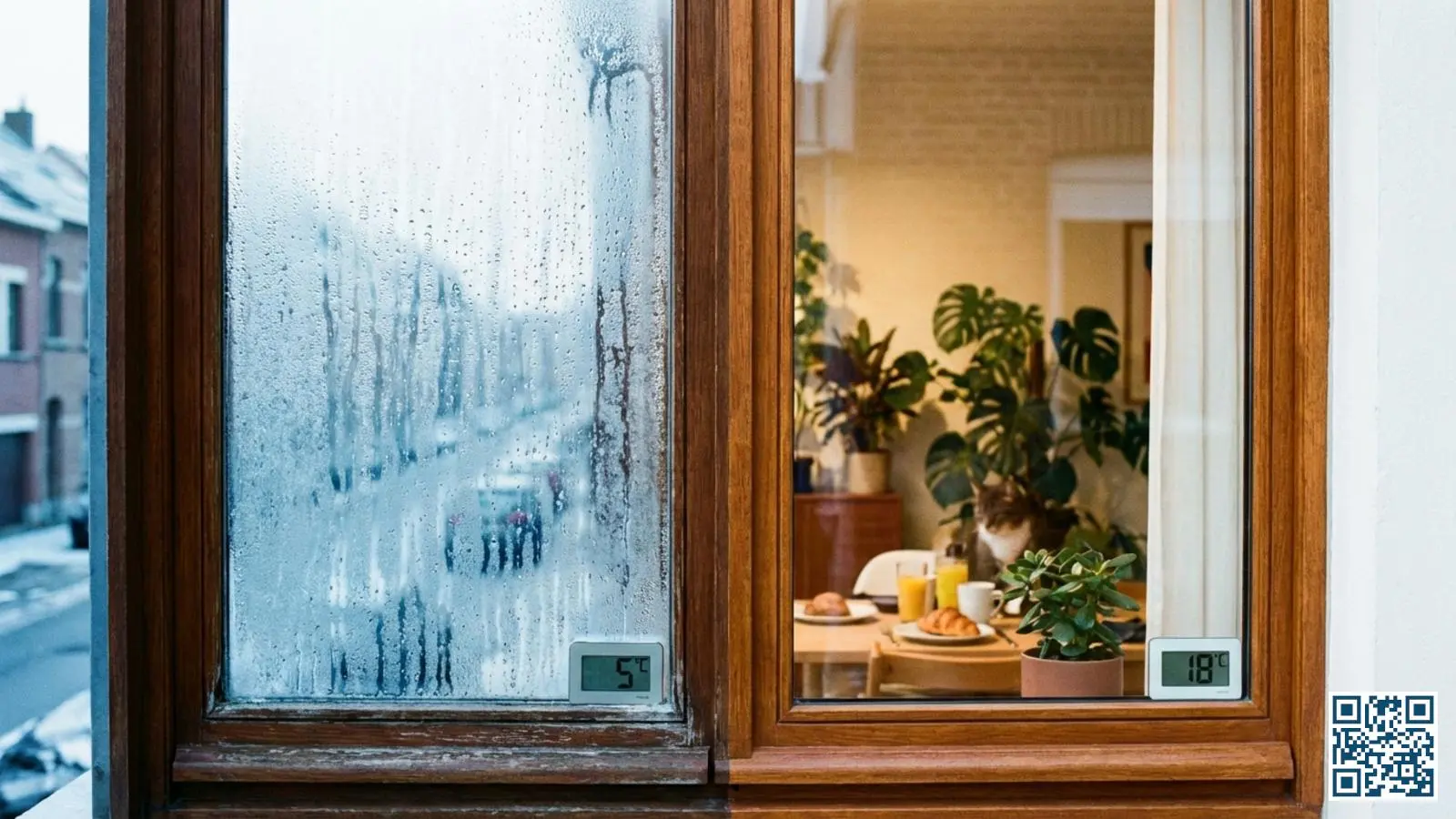 Vergelijking tussen oud dubbelglas met condensatie en nieuw HR++ glas in een Belgische rijwoning op een winterochtend