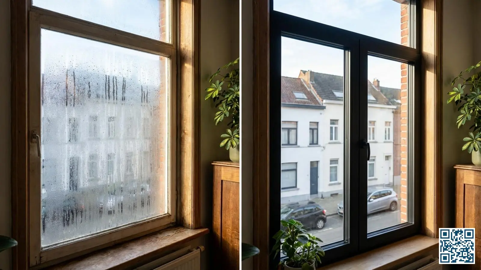 Vergelijking tussen oud enkelglas met condensatie en modern HR++ glas in een Belgische rijwoning met zichtbaar verschil in helderheid