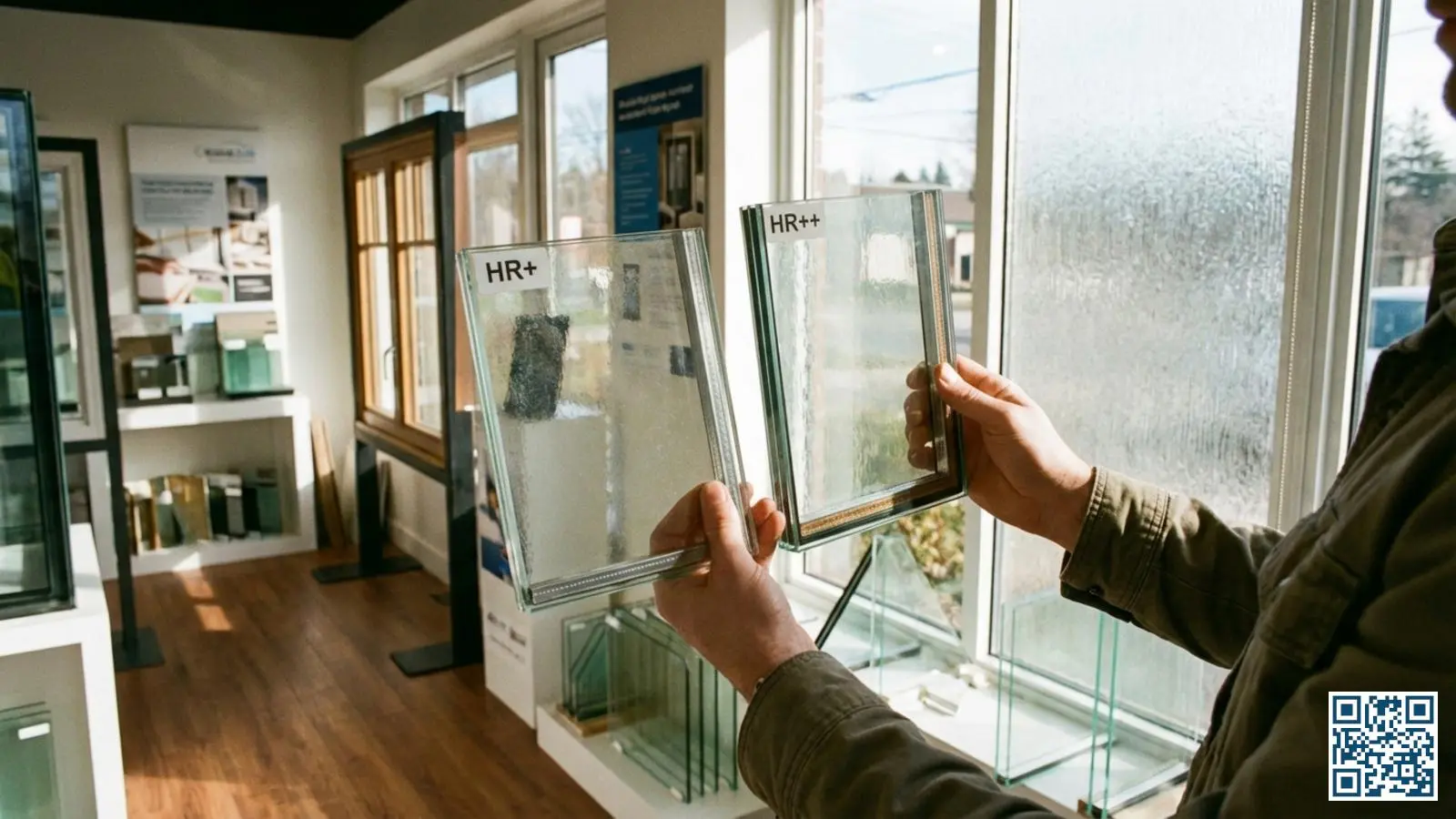 Twee isolatieglassamples HR+ en HR++ worden naast elkaar vergeleken in een glasshowroom met daglicht