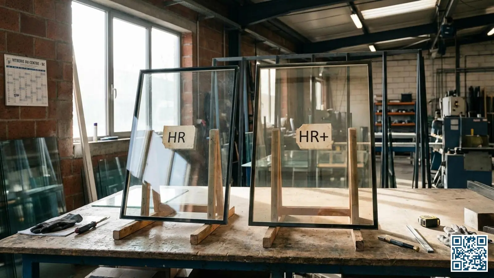 Twee isolatieglasruiten met HR-glas en HR+ glas naast elkaar op een werktafel in een Belgische glaszetterij tonen het subtiele verschil in coating