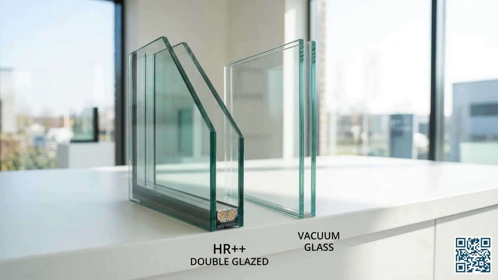 Diktevergelijking tussen HR++ glas van 24 mm en vacuümglas van 8 mm naast elkaar op een witte ondergrond