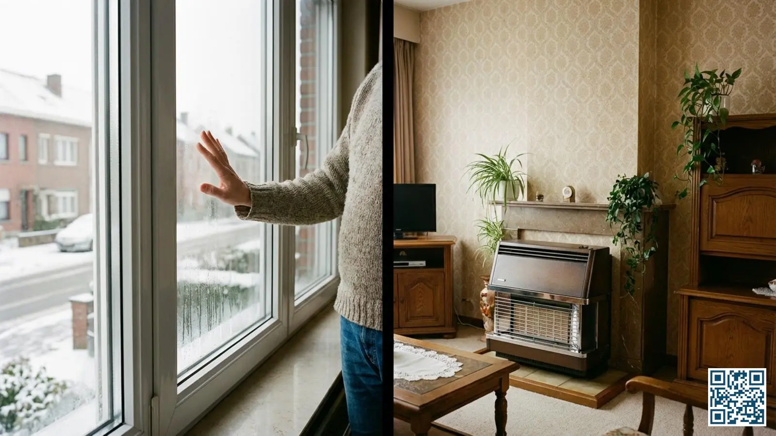 Eigenaar inspecteert oud dubbelglas in wit PVC-kozijn van Belgische rijwoning uit de jaren tachtig