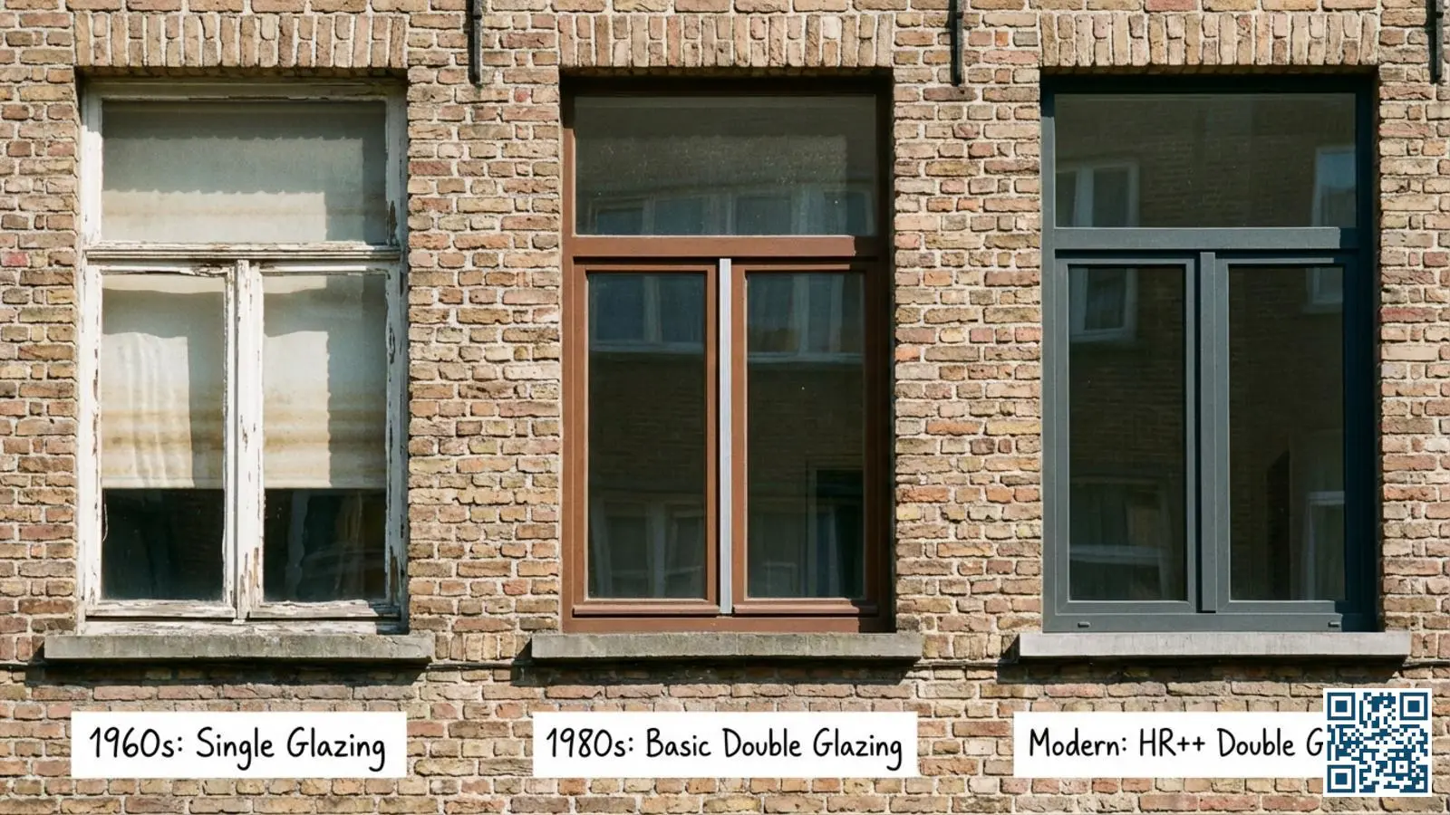 Drie ramen in een Belgische gevel die de evolutie van enkel glas naar dubbelglas en HR-glas tonen