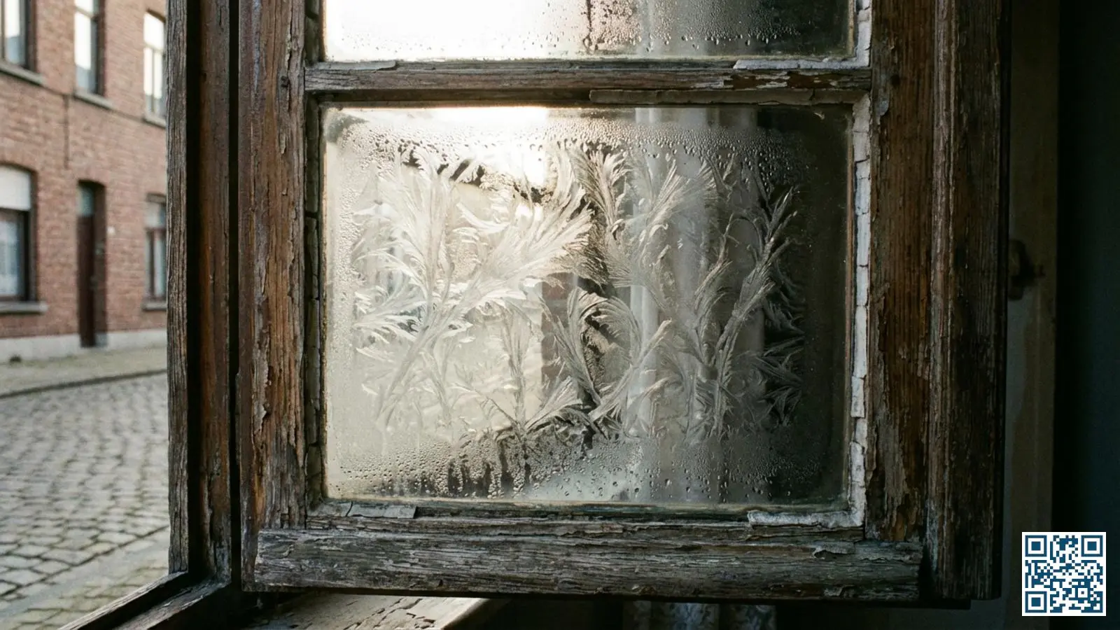 Enkel glas met ijsbloemen in een verweerd houten kozijn van een oudere Belgische rijwoning uit de jaren vijftig
