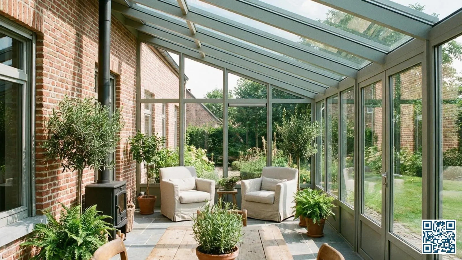 Moderne serre met HR-glas wandpanelen en glazen dakdelen aan een Belgische woning met veel lichtinval