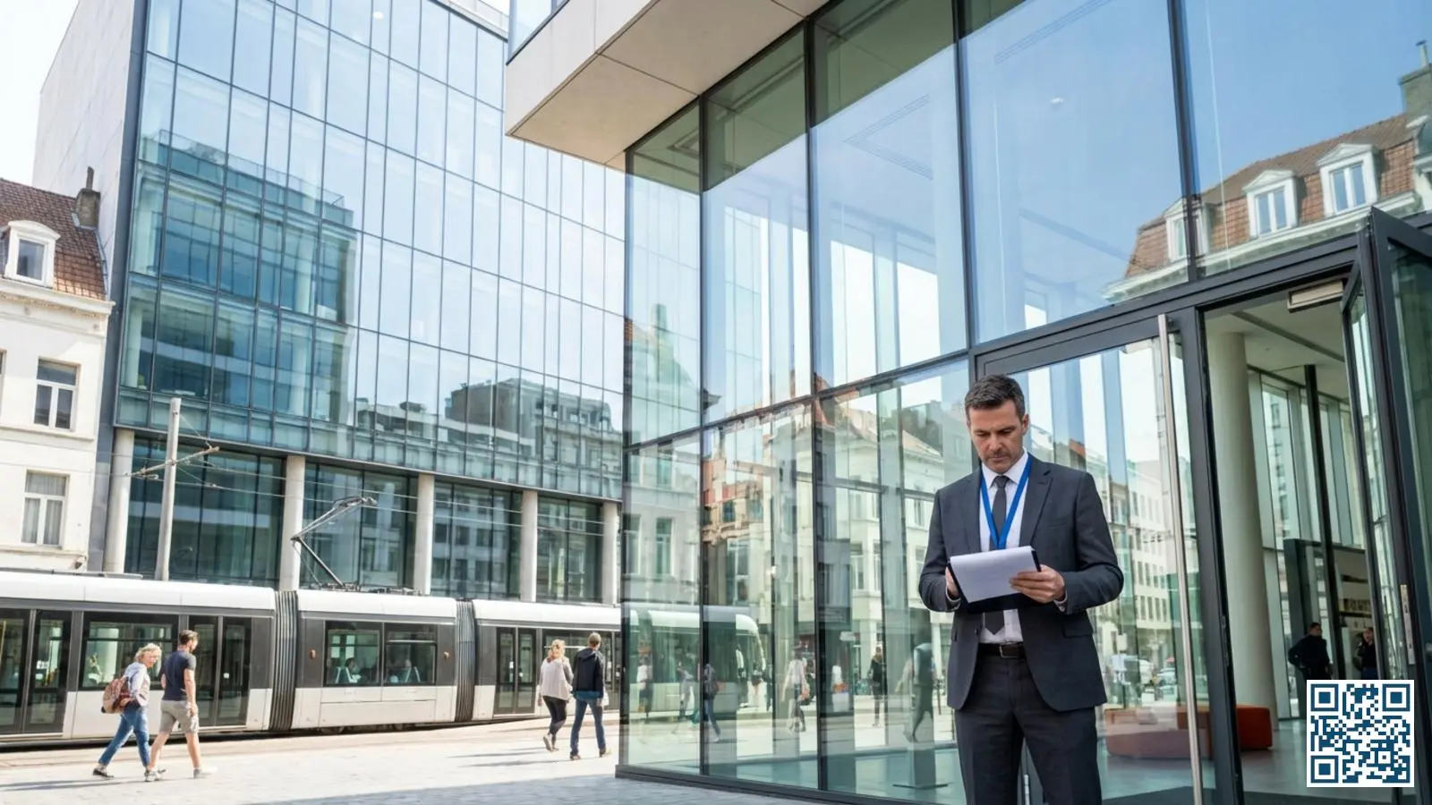 Facilitair manager bekijkt documenten voor een modern kantoorgebouw met grote glaspartijen in een Belgische commerciële wijk