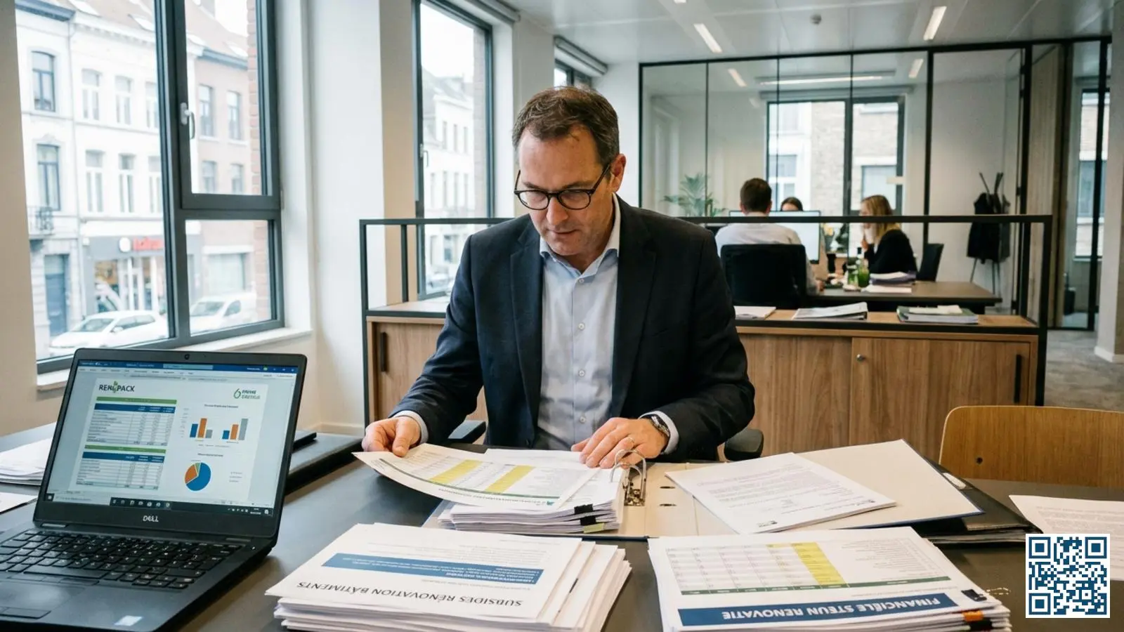 Facilitair manager bestudeert documenten over zakelijke premies en fiscale voordelen voor glasvervanging in een modern kantoor