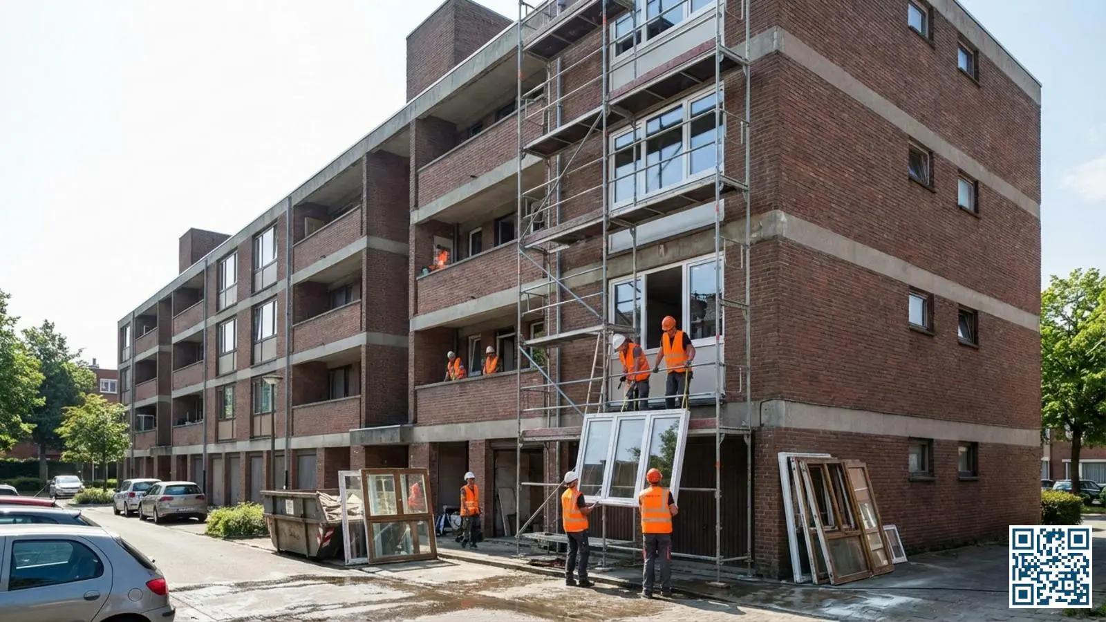 Renovatie van sociale woningen in België waarbij werknemers nieuwe HR-glasramen plaatsen in een appartementenblok met steigers